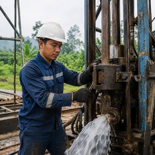 Teknisi Jasa Sumur Bor Makassar sedang bekerja